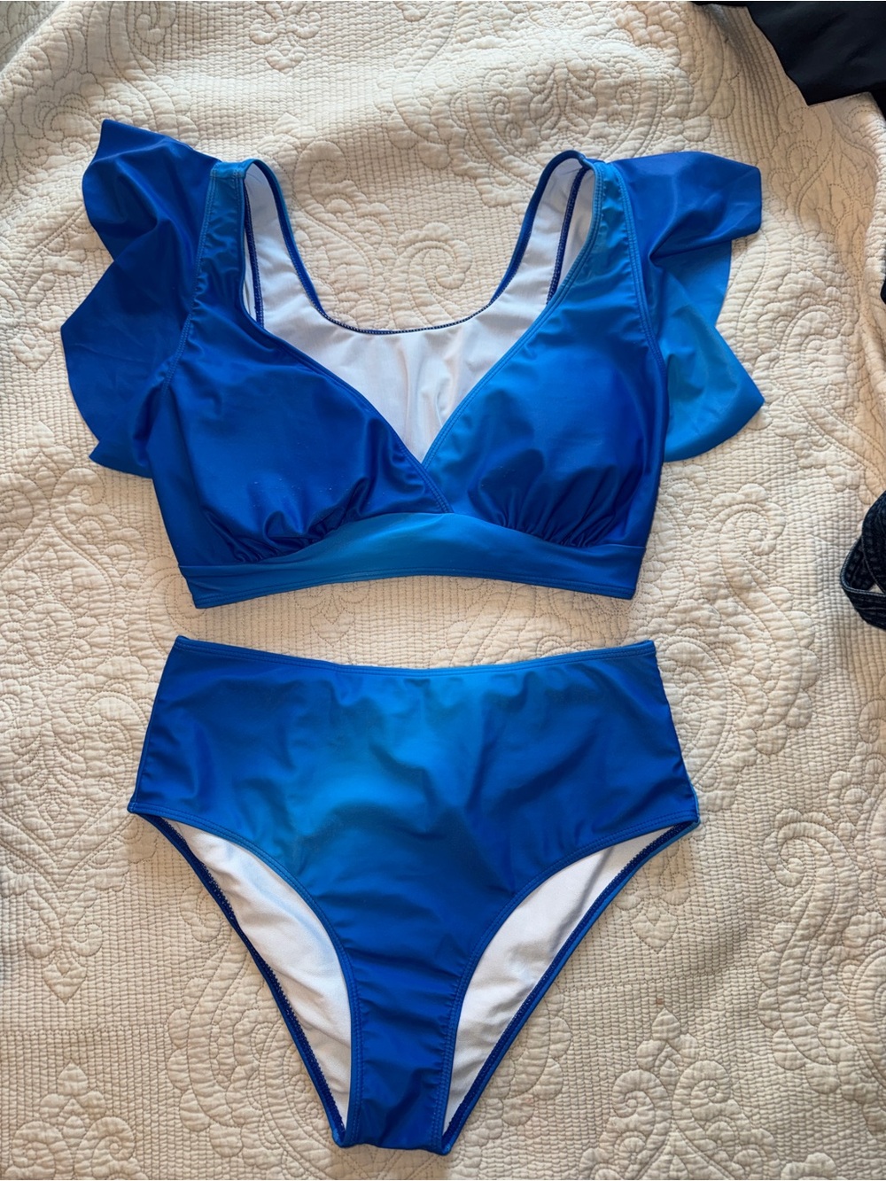 SHEIN Royal Blue Ruffle Sleeve High-Waist Bikini